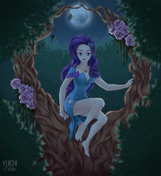 Size: 1240x1357 | Tagged: safe, artist:yuichi-tyan, rarity, equestria girls, g4, barefoot, breasts, cleavage, clothes, dress, element of generosity, feet, female, flower, full moon, hairclip, jewelry, legs, moon, nail polish, necklace, solo, toenail polish, tree