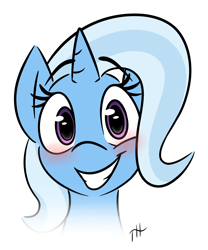 Size: 2500x3000 | Tagged: safe, artist:fakskis, trixie, pony, unicorn, g4, blushing, bust, cute, diatrixes, female, front view, full face view, grin, high res, horn, looking at you, mare, raised eyebrow, simple background, smiling, solo, teeth, white background
