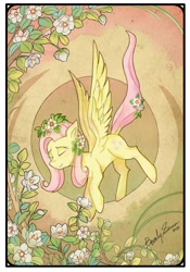 Size: 1050x1500 | Tagged: safe, artist:brony23333, fluttershy, pegasus, pony, g4, cottagecore, dock, ear fluff, eyes closed, female, flower, flower in hair, flower in tail, flying, mare, modern art, nouveau, peaceful, smiling, solo, spread wings, wings