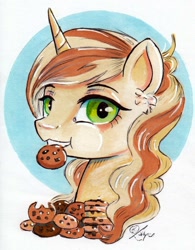 Size: 852x1090 | Tagged: safe, artist:lailyren, sweet biscuit, pony, unicorn, g4, bust, cookie, cute, female, food, looking at you, mare, mouth hold