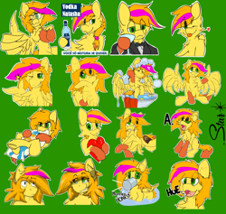 Size: 2470x2344 | Tagged: safe, artist:starrypallet, oc, oc only, oc:obsolete tech, pegasus, pony, alcohol, bird bath, bust, clothes, drinking, expressions, grin, high res, one eye closed, smiling, sticker set, telegram sticker, text, tongue out, vodka, wing hands, wings, wink