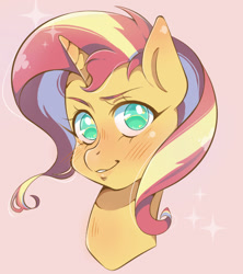 Size: 578x650 | Tagged: safe, artist:pastel-itami, sunset shimmer, pony, unicorn, g4, blushing, bust, cute, female, mare, no pupils, pink background, portrait, shimmerbetes, simple background, smiling, solo