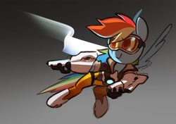 Size: 1709x1200 | Tagged: safe, artist:dawnfire, rainbow dash, pegasus, pony, g4, clothes, cosplay, costume, crossover, female, goggles, gun, mare, overwatch, rainbow tracer, solo, tracer, weapon