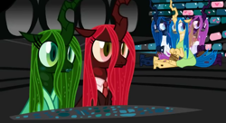 Size: 496x270 | Tagged: safe, artist:mixermike622, queen chrysalis, changeling, changeling queen, g4, anger (inside out), blue changeling, brain, building, clone, crossover, disgust (inside out), fear (inside out), female, fluffside out, green changeling, inside out, inside out emotions, joy (inside out), purple changeling, red changeling, sadness (inside out)
