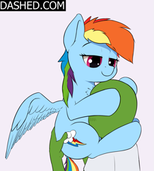 Size: 1455x1609 | Tagged: safe, artist:whiskeypanda, rainbow dash, oc, oc:anon, human, pegasus, pony, g4, blushing, chest fluff, drawthread, facehug, female, gentle femdom, hoof on head, interspecies, looking down, mare, pony on human action, request, simple background, smiling, smug, snuggling, spread wings, wings