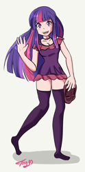 Size: 475x959 | Tagged: safe, artist:ratayta, twilight sparkle, human, g4, breasts, cleavage, clothes, cute, cutie mark accessory, humanized, jewelry, necklace, simple background, skirt, socks, thigh highs, white background, zettai ryouiki