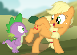 Size: 3527x2543 | Tagged: safe, artist:porygon2z, applejack, spike, dragon, earth pony, pony, g4, applebutt, dragon x pony, eyes on the prize, female, high res, interspecies, look at my butt, looking at butt, male, mare, missing accessory, ship:applespike, shipping, straight