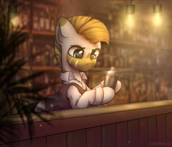 Size: 2000x1700 | Tagged: safe, artist:radioaxi, oc, oc only, oc:polosat, pony, zebra, bar, bartender, clothes, male, scowl, solo, working