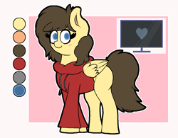 Size: 1455x1132 | Tagged: safe, artist:retro_hearts, oc, oc:retro hearts, pegasus, pony, clothes, color palette, cutie mark, female, hoodie, mare, reference sheet, simple background, smiling, wings