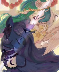 Size: 1282x1555 | Tagged: dead source, safe, artist:酒湘子, princess celestia, princess luna, alicorn, pony, g4, duo, ear fluff, eyes closed, female, flower, flower in hair, jewelry, mare, necklace, pearl necklace, profile, royal sisters