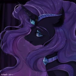 Size: 1555x1555 | Tagged: dead source, safe, artist:酒湘子, nightmare rarity, pony, unicorn, g4, blue eyes, ear fluff, ethereal mane, female, horn, jewelry, lidded eyes, lipstick, mare, necklace, signature, solo, starry mane