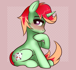 Size: 725x662 | Tagged: safe, artist:ponycide, oc, oc only, oc:jonin, pony, unicorn, abstract background, blushing, looking at you, male, sitting, solo, stallion