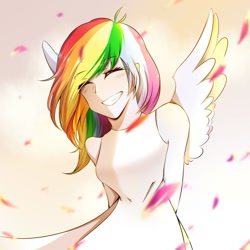 Size: 1080x1080 | Tagged: dead source, safe, artist:re氏卷饼, rainbow dash, human, g4, cute, dashabetes, eyes closed, female, hands behind back, humanized, smiling, solo, winged humanization, wings
