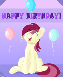 Size: 1800x2200 | Tagged: safe, artist:ponyxwright, roseluck, earth pony, pony, g4, balloon, cute, female, happy birthday, rosabetes, solo