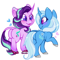 Size: 602x604 | Tagged: safe, artist:esmeia, starlight glimmer, trixie, pony, unicorn, g4, blushing, butt, butt freckles, curved horn, cute, diatrixes, eye contact, female, freckles, glimmerbetes, heart, horn, leonine tail, lesbian, looking at each other, mare, plot, ship:startrix, shipping, shoulder freckles, simple background, smiling, transparent background