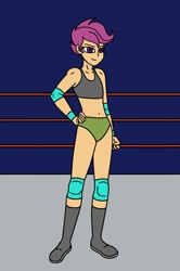Size: 952x1434 | Tagged: safe, artist:avispaneitor, scootaloo, equestria girls, g4, belly button, boots, boxing ring, clothes, shoes, shorts, sports, wrestling