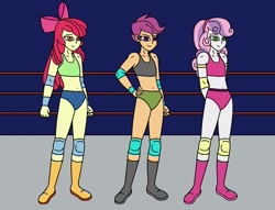 Size: 1872x1432 | Tagged: safe, artist:avispaneitor, apple bloom, scootaloo, sweetie belle, equestria girls, g4, apple bloom's bow, belly button, boots, bow, boxing ring, clothes, cutie mark crusaders, hair bow, midriff, shoes, shorts, sports, wrestling