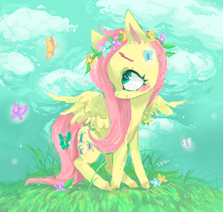 Size: 512x486 | Tagged: safe, artist:rwko, fluttershy, butterfly, pegasus, pony, g4, blush sticker, blushing, cloud, cute, female, floral head wreath, flower, flower in hair, looking at something, looking up, mare, outdoors, profile, shyabetes, smiling, solo, spread wings, turned head, wings