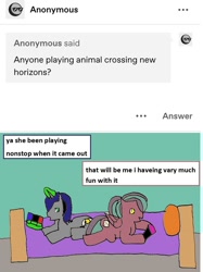 Size: 750x1004 | Tagged: safe, artist:ask-luciavampire, oc, pegasus, pony, unicorn, tumblr:ask-the-pony-gamers, ask, game
