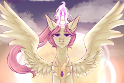 Size: 1400x943 | Tagged: safe, artist:citrus-flamingo, princess celestia, pony, g4, crown, female, glowing horn, horn, jewelry, peytral, pink-mane celestia, regalia, solo, spread wings, sun work, sunrise, wings, younger