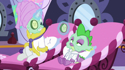 Size: 1920x1080 | Tagged: safe, screencap, rarity, spike, dragon dropped, bathrobe, clothes, cucumber, cucumber monocle, cucumber pirate, food, mud mask, robe, towel on head