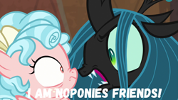 Size: 1280x720 | Tagged: safe, edit, edited screencap, screencap, cozy glow, queen chrysalis, changeling, pegasus, pony, frenemies (episode), g4, angry, boop, female, filly, former queen chrysalis, meme, noseboop, text, triggered