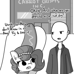 Size: 2250x2250 | Tagged: safe, artist:tjpones, part of a set, oc, oc only, oc:brownie bun, oc:richard, earth pony, human, pony, comic:covert ops, horse wife, dialogue, female, high res, hot dog costume, jewelry, male, mare, monochrome, necklace, pearl necklace, simple background, white background