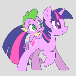 Size: 600x600 | Tagged: safe, artist:tsukisayu, spike, twilight sparkle, dragon, pony, unicorn, g4, cute, duo, female, gray background, male, mare, open mouth, profile, simple background, unicorn twilight