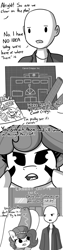 Size: 2250x9000 | Tagged: safe, artist:tjpones edits, edit, oc, oc only, oc:brownie bun, oc:richard, earth pony, human, pony, comic:covert ops, horse wife, comic, dialogue, female, hot dog costume, jewelry, male, mare, monochrome, necklace, pearl necklace, simple background, white background