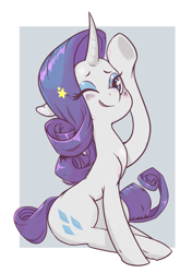 Size: 1280x1817 | Tagged: safe, alternate version, artist:twitchykismet, rarity, pony, unicorn, g4, abstract background, blushing, curved horn, cute, female, floppy ears, horn, looking at you, mare, one eye closed, raribetes, sitting, smiling, solo, stars