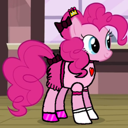 Size: 530x532 | Tagged: safe, artist:pagiepoppie12345, pinkie pie, earth pony, pony, g4, 1000 hours in ms paint, bow, clothes, crown, dress, female, glass slipper (footwear), gloves, hair bow, jewelry, mare, outfit, pink dress, princess costume, princess pinkie pie, regalia