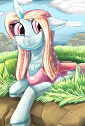 Size: 1080x1584 | Tagged: safe, artist:firefanatic, ocellus, changedling, changeling, g4, alternate design, cliff, cloud, cute, diaocelles, grass, grass field, long mane, lying down, older, older ocellus, prone, queen ocellus, sky, smiling