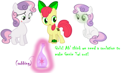 Size: 500x302 | Tagged: safe, artist:navitaserussirus, apple bloom, sweetie belle, twilight sparkle, earth pony, genie, genie pony, pony, robot, unicorn, g4, apple bloom bot, ben 10, bow, female, filly, geniefied, hair bow, mare, misspelling, omnitrix, s team, sobbing, sweetie bot