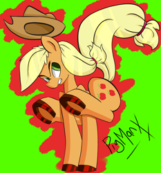 Size: 1800x1928 | Tagged: safe, artist:pigmanxx, applejack, earth pony, pony, g4, bucking, female, mare, needs more saturation, simple background, solo