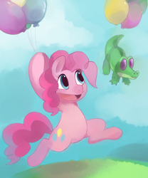 Size: 1000x1200 | Tagged: safe, artist:happycrumble, gummy, pinkie pie, alligator, earth pony, pony, g4, balloon, bipedal, cute, diapinkes, duo, female, floating, hoof hold, male, mare, open mouth