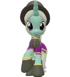 Size: 651x720 | Tagged: safe, artist:topsangtheman, cornetta, pony, unicorn, g4, 3d, clothes, female, hat, looking at you, looking down at you, raised hoof, simple background, solo, source filmmaker, transparent background, uniform