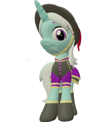Size: 638x720 | Tagged: safe, artist:topsangtheman, cornetta, pony, unicorn, g4, 3d, clothes, female, hat, looking at you, looking down at you, simple background, solo, source filmmaker, transparent background, uniform