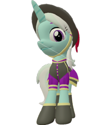 Size: 638x720 | Tagged: safe, alternate version, artist:topsangtheman, cornetta, pony, unicorn, g4, 3d, clothes, female, hat, looking at you, looking down at you, simple background, solo, source filmmaker, transparent background, uniform