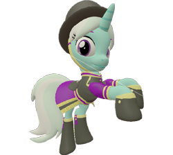 Size: 805x720 | Tagged: safe, artist:topsangtheman, cornetta, pony, unicorn, g4, 3d, clothes, female, hat, looking at you, raised hoof, simple background, solo, source filmmaker, transparent background, uniform