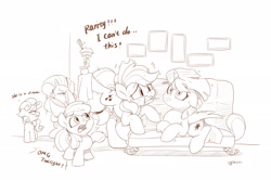 Size: 3000x2000 | Tagged: safe, artist:drtuo4, apple bloom, applejack, rarity, sweetie belle, twilight sparkle, alicorn, pony, g4, balancing, couch, fail, high res, makeover, monochrome, mouth hold, puffy cheeks, signature, silly, silly pony, stifling laughter, this will not end well, twilight sparkle (alicorn), who's a silly pony