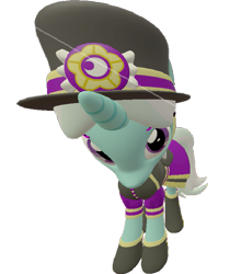 Size: 605x720 | Tagged: safe, artist:topsangtheman, cornetta, pony, unicorn, g4, 3d, clothes, female, hat, looking at you, looking up at you, simple background, solo, source filmmaker, staring into your soul, transparent background, uniform