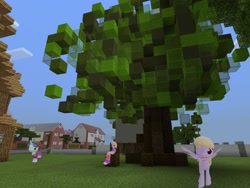 Size: 2048x1536 | Tagged: safe, artist:topsangtheman, cloud kicker, spring rain, pegasus, pony, unicorn, equestria girls, g4, clothes, hat, house, looking at you, minecraft, one eye closed, photoshopped into minecraft, self ponidox, sitting, tree, uniform, wings, wink