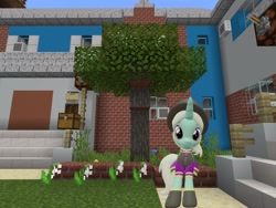 Size: 2048x1536 | Tagged: safe, artist:topsangtheman, cornetta, pony, unicorn, g4, 3d, clothes, female, hat, house, looking at you, minecraft, photoshopped into minecraft, solo, source filmmaker, tree, uniform