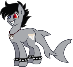 Size: 550x506 | Tagged: safe, artist:gaines, oc, oc only, oc:kauika, original species, shark, shark pony, cute, cutie mark, fixed version, half-breed, heterochromia, punk, shark tail, shark teeth, shark tooth, shark tooth necklace, simple background, smiling, solo, white background