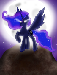 Size: 589x767 | Tagged: safe, artist:slytherinakatsuki, princess luna, alicorn, pony, g4, female, full moon, moon, night, solo, spread wings, white eyes, wings