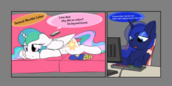 Size: 3610x1800 | Tagged: safe, artist:jubyskylines, princess celestia, princess luna, alicorn, pony, gamer luna, g4, bored, chest fluff, chips, comic, computer, couch, dialogue, duo, female, floppy ears, folded wings, food, keyboard, lying down, mare, open mouth, prone, remote control, retirement, royal sisters, sitting, speech bubble, talking, wings