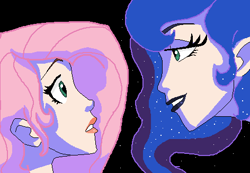 Size: 472x326 | Tagged: safe, artist:arrghitsabaseaccount, artist:captainsnarkyninja, fluttershy, princess luna, human, g4, base used, duo, face to face, humanized, lidded eyes, lipstick