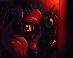 Size: 2500x2000 | Tagged: safe, artist:t72b, derpibooru exclusive, bat pony, changeling, pony, behaving like a bat, bipedal, dark, dilated pupils, eeee, eyes on the prize, fangs, frown, grin, high res, mare, nervous, scared, smiling, squee, sweat, up against the wall, wavy mouth