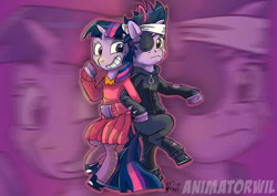 Size: 1500x1060 | Tagged: safe, artist:animatorwil, twilight sparkle, pony, unicorn, g4, it's about time, bipedal, clothes, duality, eyepatch, future twilight, grin, headband, hoodie, leggings, lidded eyes, pants, self paradox, self ponidox, shoes, skirt, smiling, sweater, time paradox, unicorn twilight, zoom layer