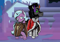 Size: 1280x905 | Tagged: safe, artist:animatorwil, idw, king sombra, radiant hope, pony, umbrum, unicorn, g4, siege of the crystal empire, cape, clothes, female, male, mare, ship:hopebra, shipping, stallion, straight